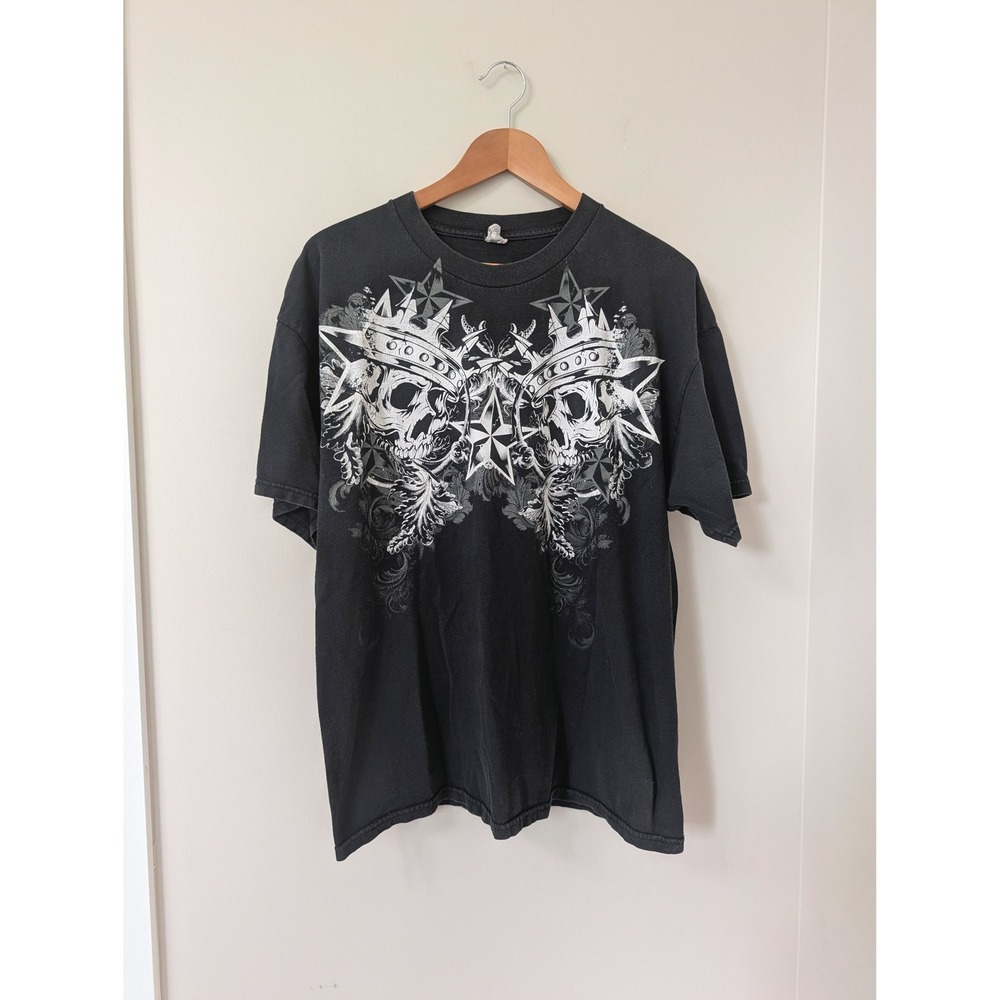 Vintage‎ Y2K Mens Black Graphic T-Shirt Crowned Skulls Stars Mall Goth XL Grunge
